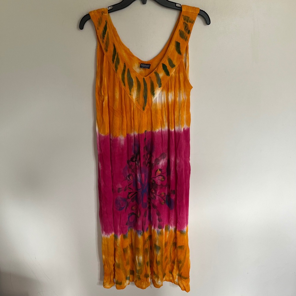 Cleopatra Women Orange Pink Tie Dye Rayon Dress‎ Free Size Boho Mandala V-Neck